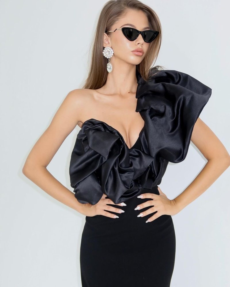 One Shoulder Ruffle Satin Gown H6530