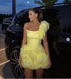 One Shoulder Ruffle Yellow Mini Dress H6386