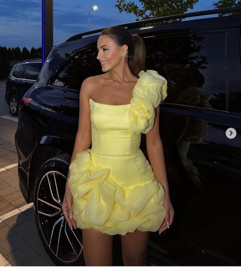 One Shoulder Ruffle Yellow Mini Dress H6386