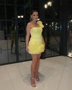 One Shoulder Ruffle Yellow Mini Dress H6386
