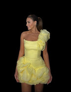 One Shoulder Ruffle Yellow Mini Dress H6386