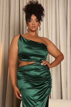 One Shoulder Satin Slit Maxi Dress H6556