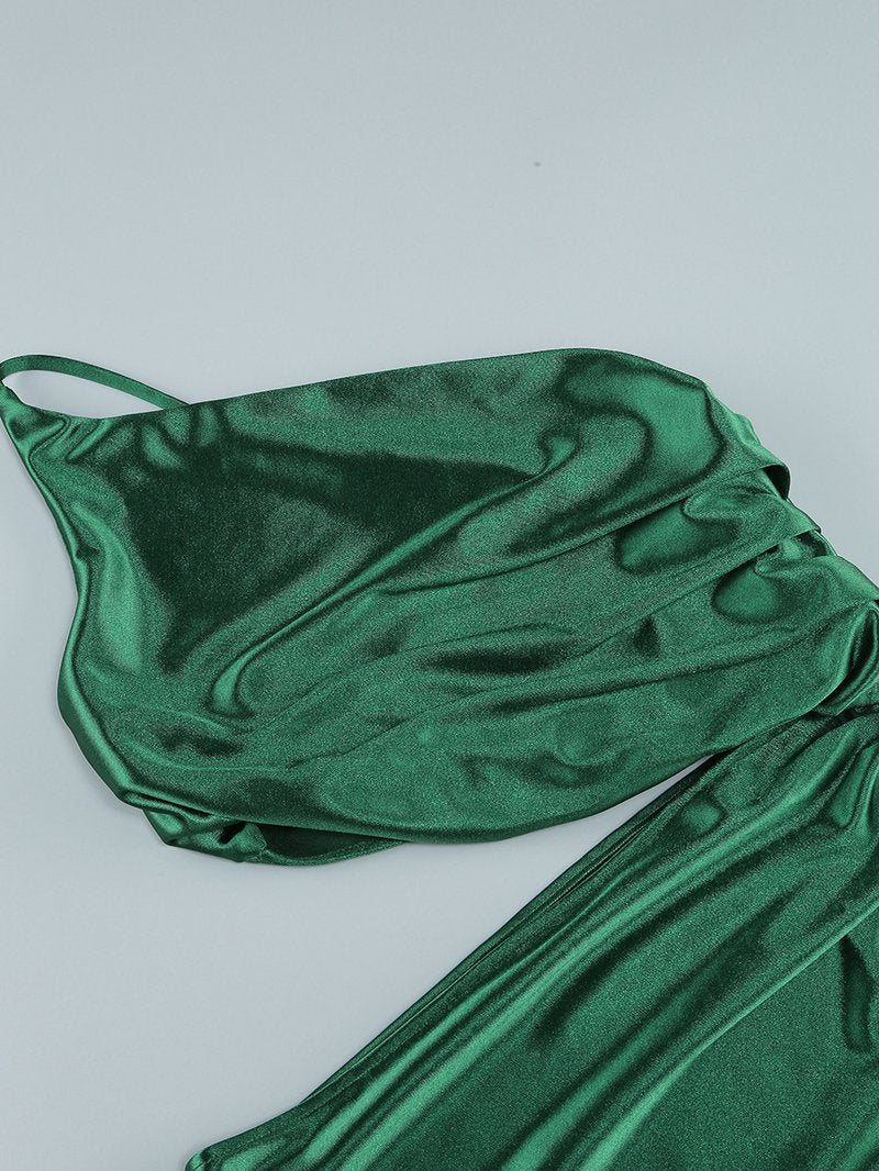 One Shoulder Satin Slit Maxi Dress H6556