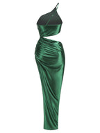 One Shoulder Satin Slit Maxi Dress H6556