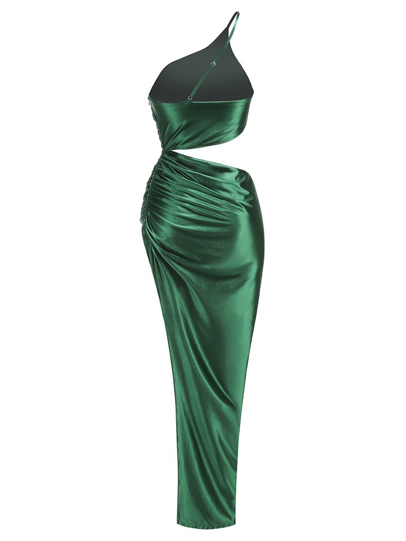 One Shoulder Satin Slit Maxi Dress H6556