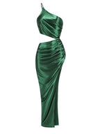 One Shoulder Satin Slit Maxi Dress H6556