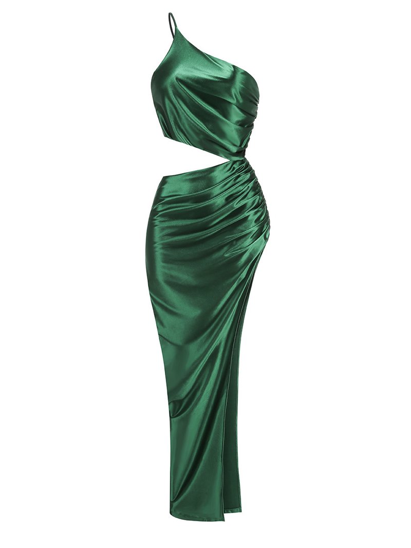 One Shoulder Satin Slit Maxi Dress H6556