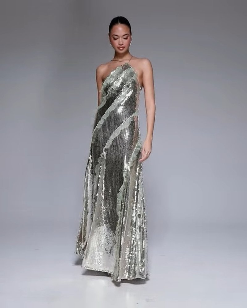 One Shoulder Sequin Maxi Dress H6847