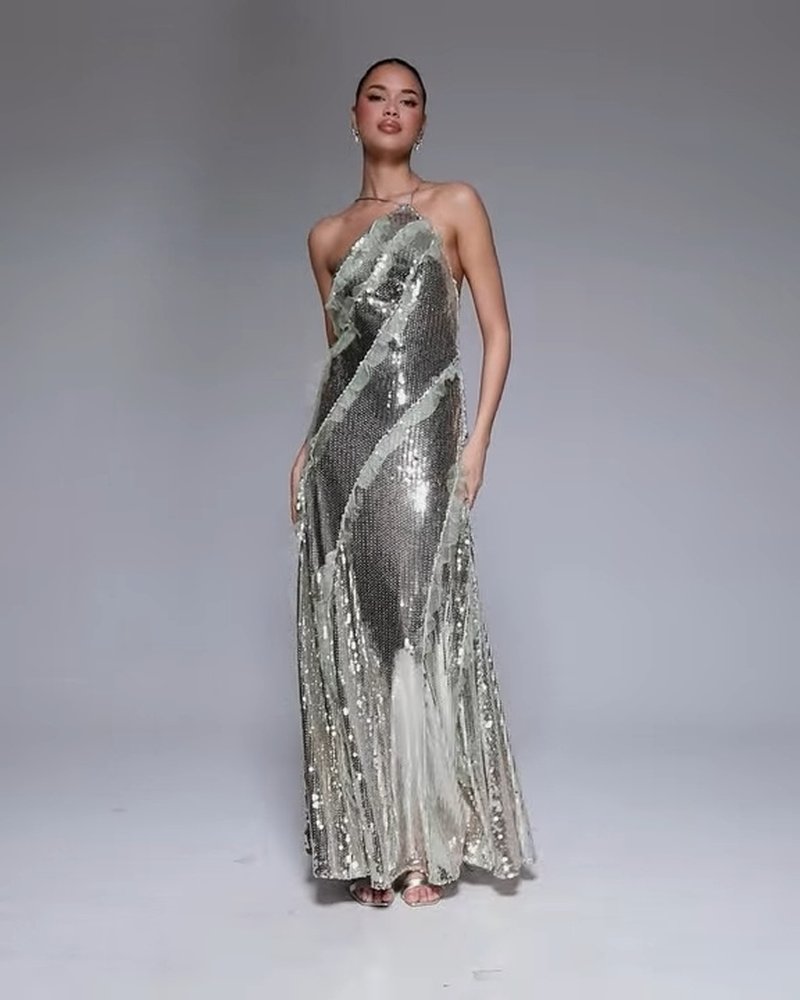 One Shoulder Sequin Maxi Dress H6847