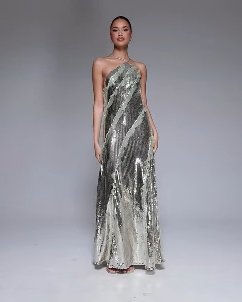 One Shoulder Sequin Maxi Dress H6847