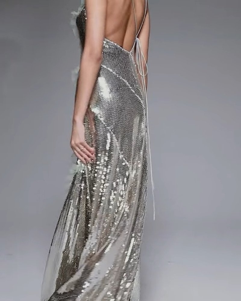 One Shoulder Sequin Maxi Dress H6847