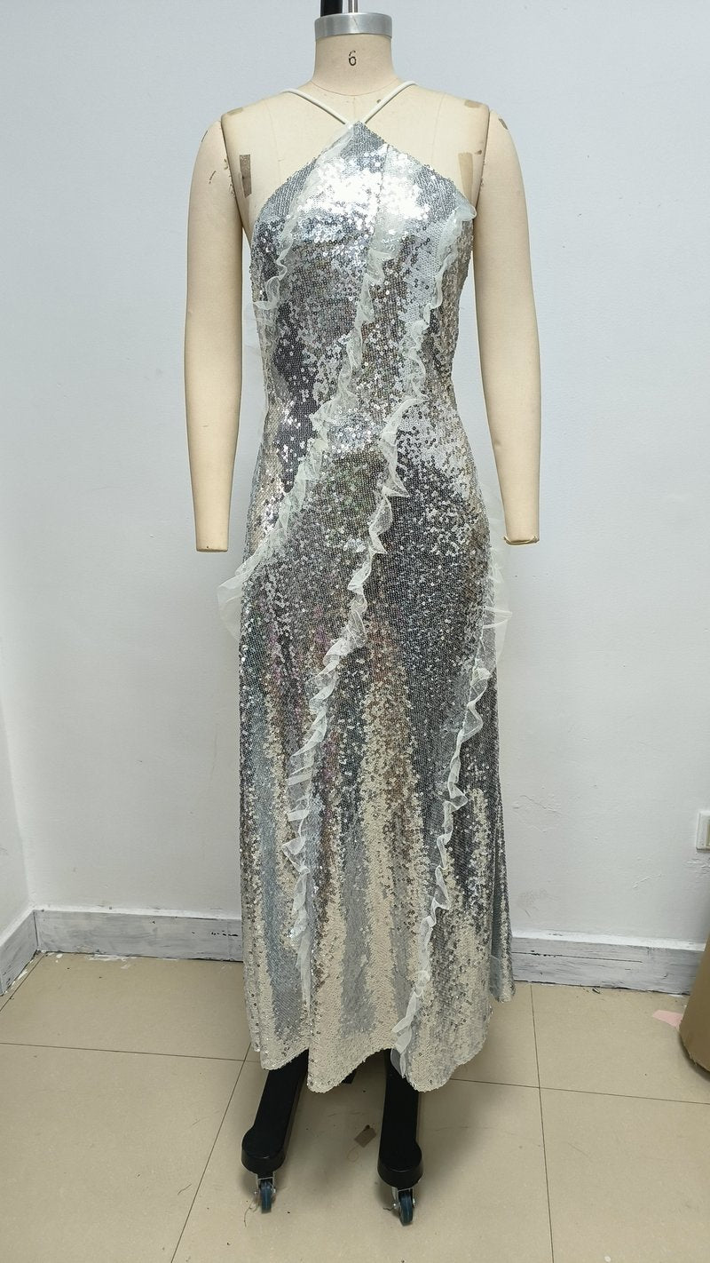 One Shoulder Sequin Maxi Dress H6847