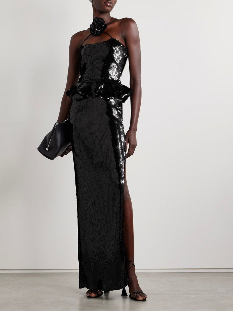 One Shoulder Sequin Peplum Gown H6571