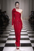 One Shoulder Sequin Red Gown H6043