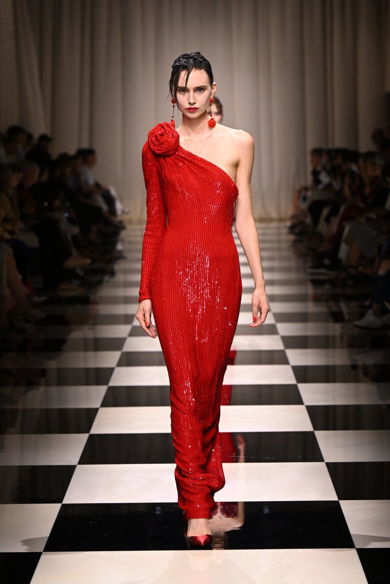 One Shoulder Sequin Red Gown H6043