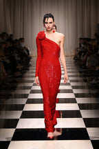 One Shoulder Sequin Red Gown H6043