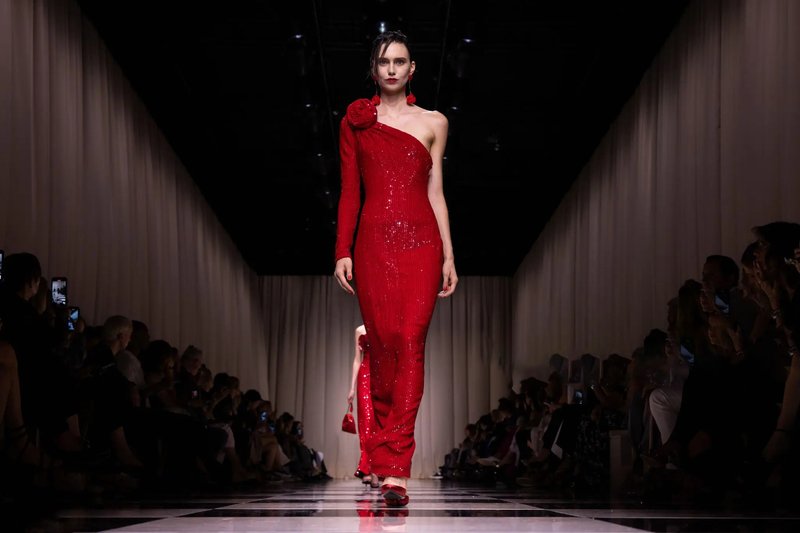 One Shoulder Sequin Red Gown H6043