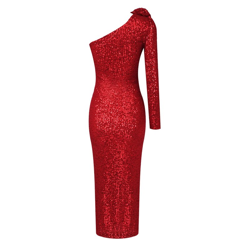 One Shoulder Sequin Red Gown H6043