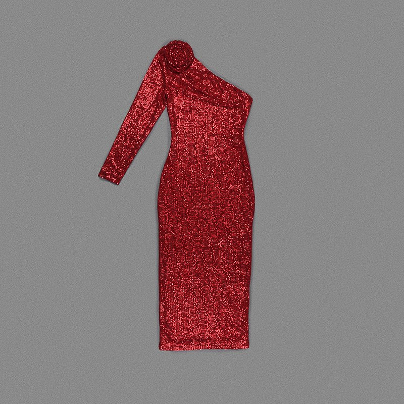One Shoulder Sequin Red Gown H6043