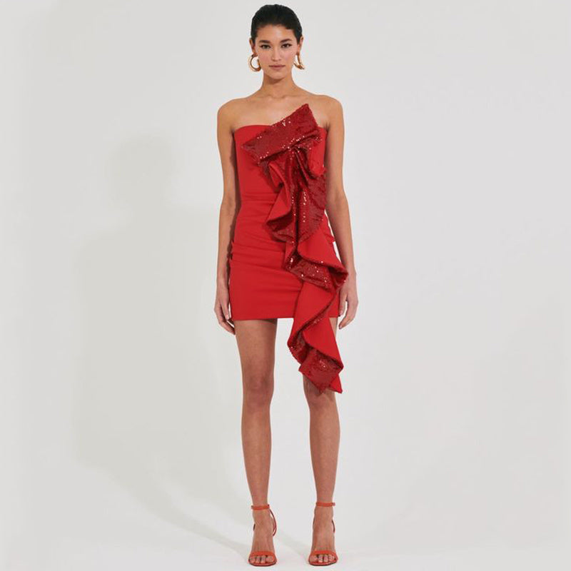 One Shoulder Sequin Ruffle Mini Dress H6665