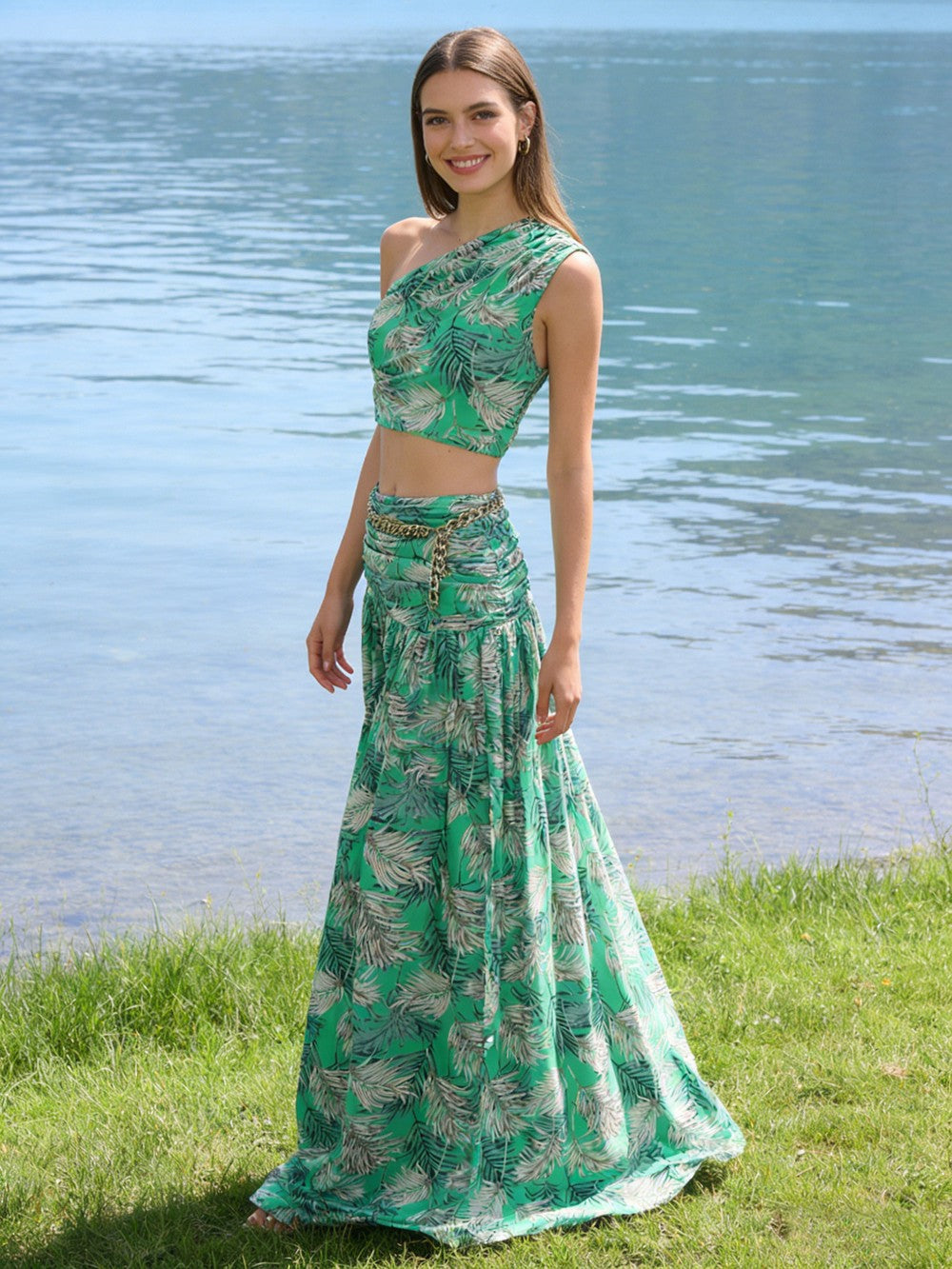 One Shoulder Sleeveless Tropical Leaf Print Ruched Maxi Dress D2609