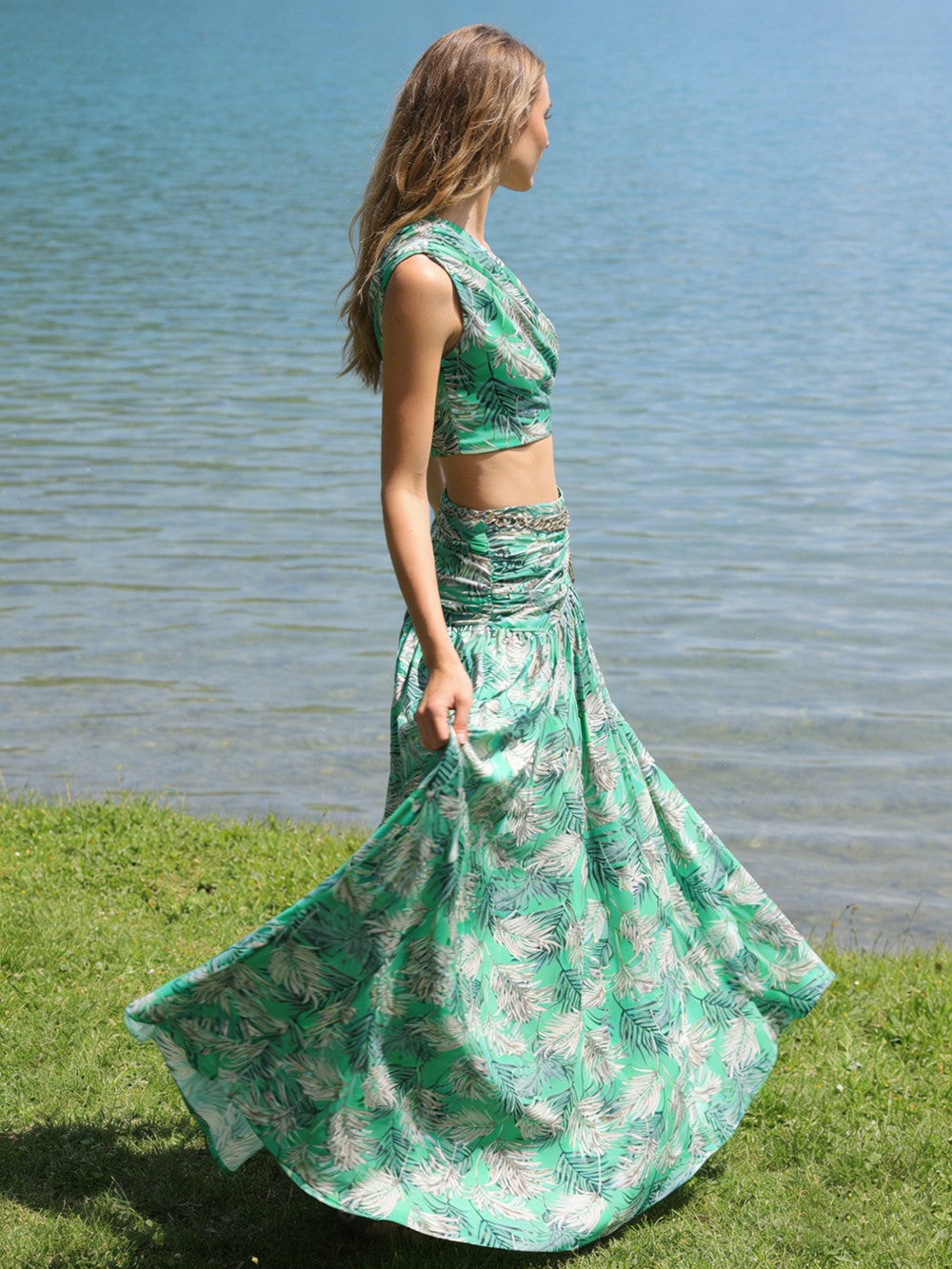 One Shoulder Sleeveless Tropical Leaf Print Ruched Maxi Dress D2609