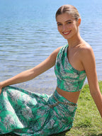 One Shoulder Sleeveless Tropical Leaf Print Ruched Maxi Dress D2609