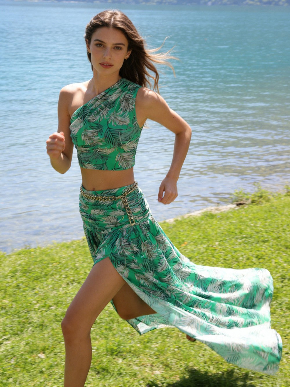 One Shoulder Sleeveless Tropical Leaf Print Ruched Maxi Dress D2609