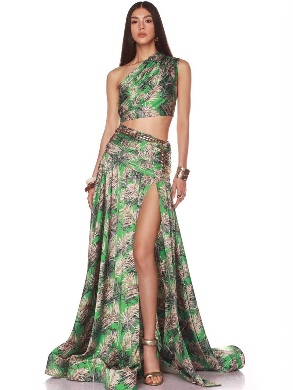 One Shoulder Sleeveless Tropical Leaf Print Ruched Maxi Dress D2609