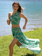 One Shoulder Sleeveless Tropical Leaf Print Ruched Maxi Dress D2609