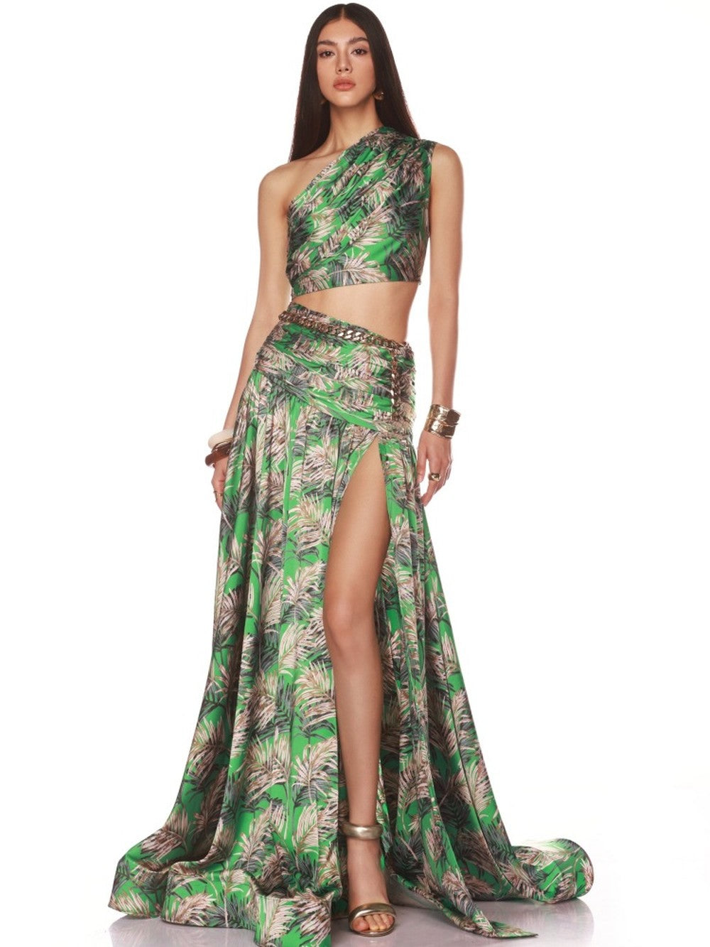 One Shoulder Sleeveless Tropical Leaf Print Ruched Maxi Dress D2609
