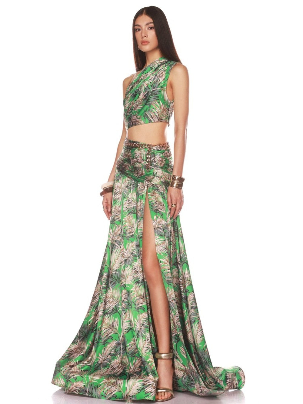 One Shoulder Sleeveless Tropical Leaf Print Ruched Maxi Dress D2609