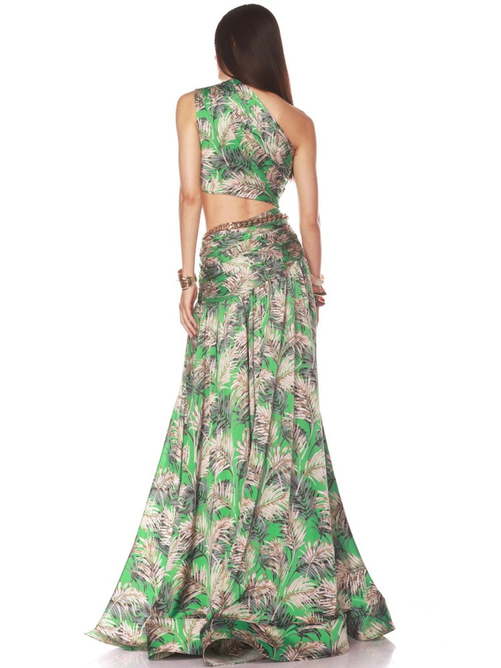 One Shoulder Sleeveless Tropical Leaf Print Ruched Maxi Dress D2609
