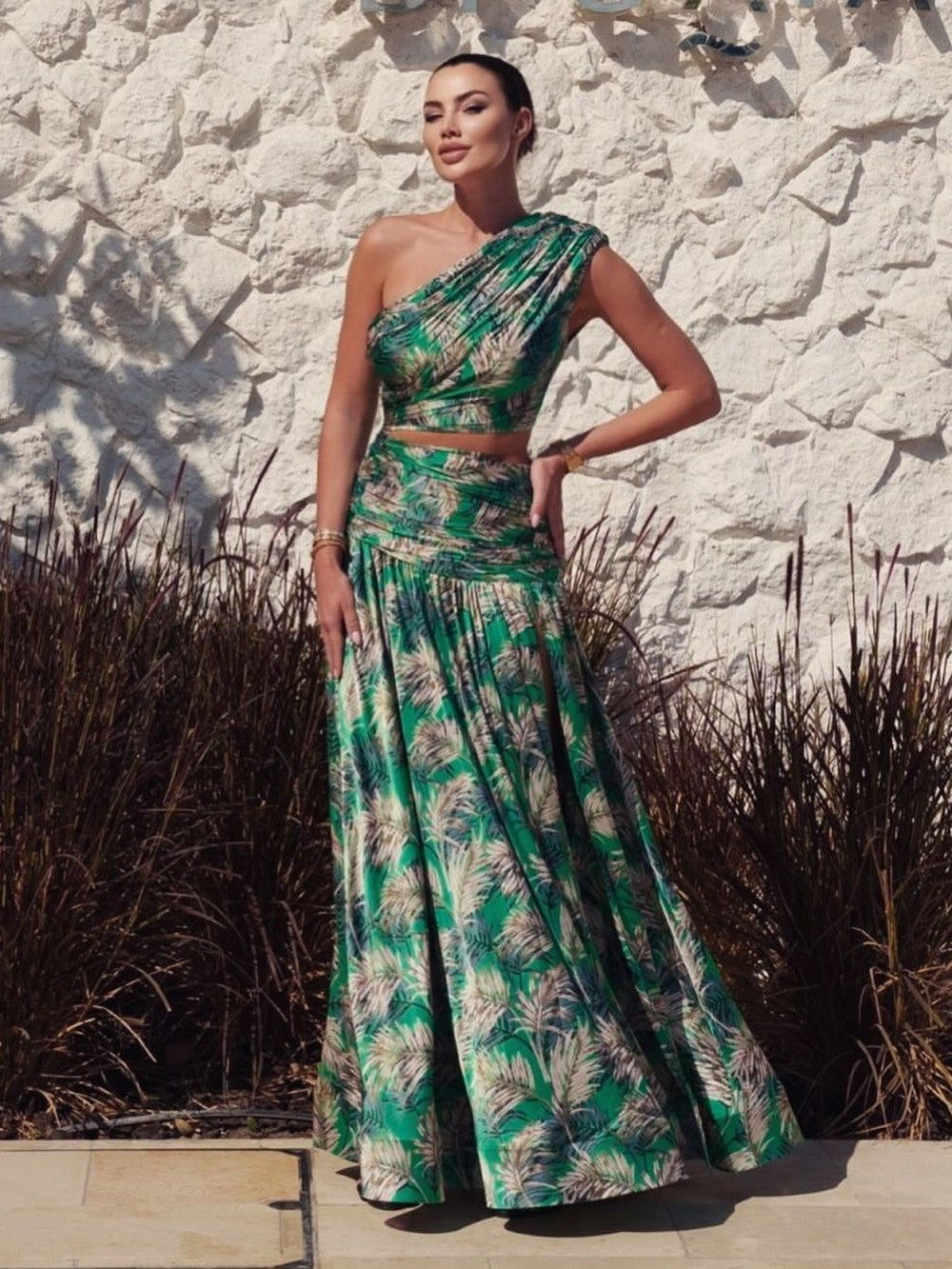 One Shoulder Sleeveless Tropical Leaf Print Ruched Maxi Dress D2609