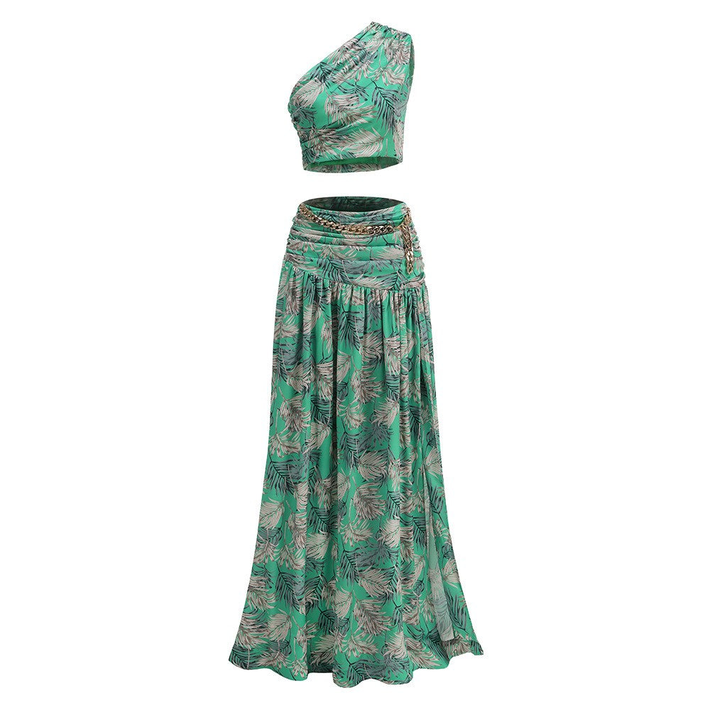 One Shoulder Sleeveless Tropical Leaf Print Ruched Maxi Dress D2609