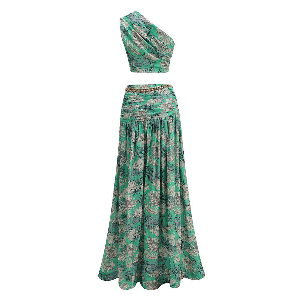One Shoulder Sleeveless Tropical Leaf Print Ruched Maxi Dress D2609