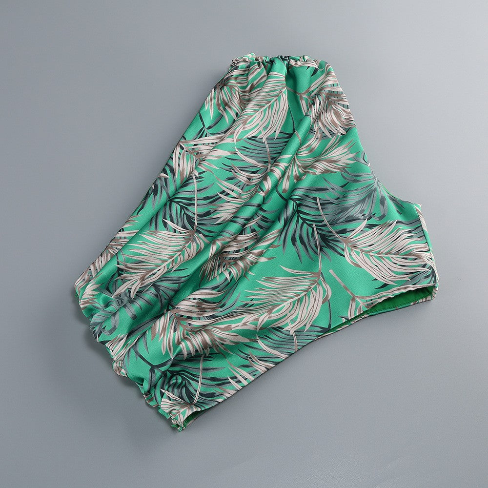 One Shoulder Sleeveless Tropical Leaf Print Ruched Maxi Dress D2609