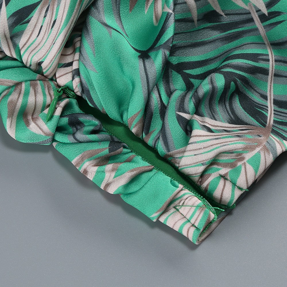 One Shoulder Sleeveless Tropical Leaf Print Ruched Maxi Dress D2609