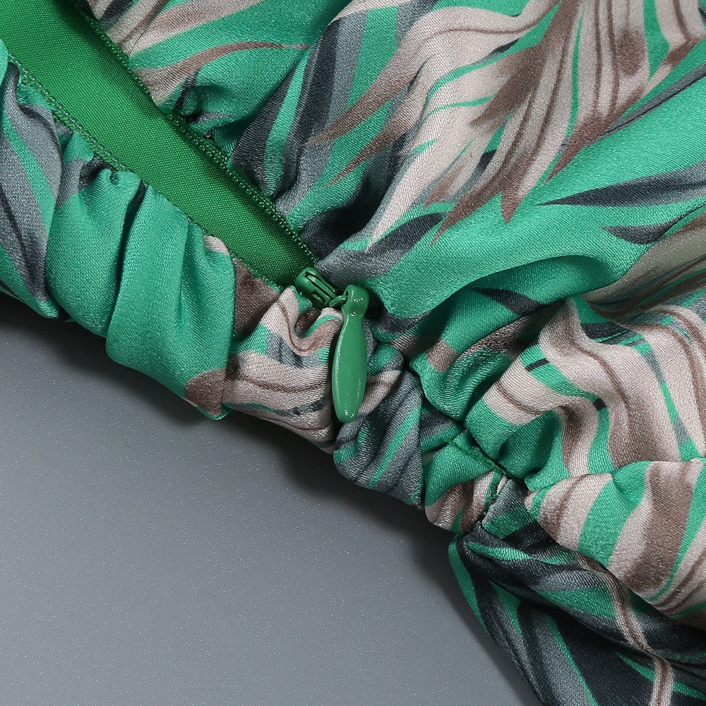 One Shoulder Sleeveless Tropical Leaf Print Ruched Maxi Dress D2609