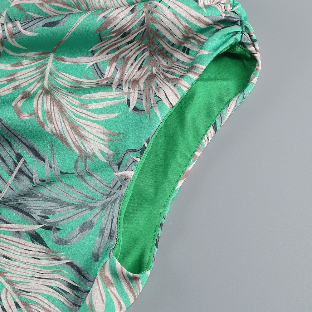 One Shoulder Sleeveless Tropical Leaf Print Ruched Maxi Dress D2609