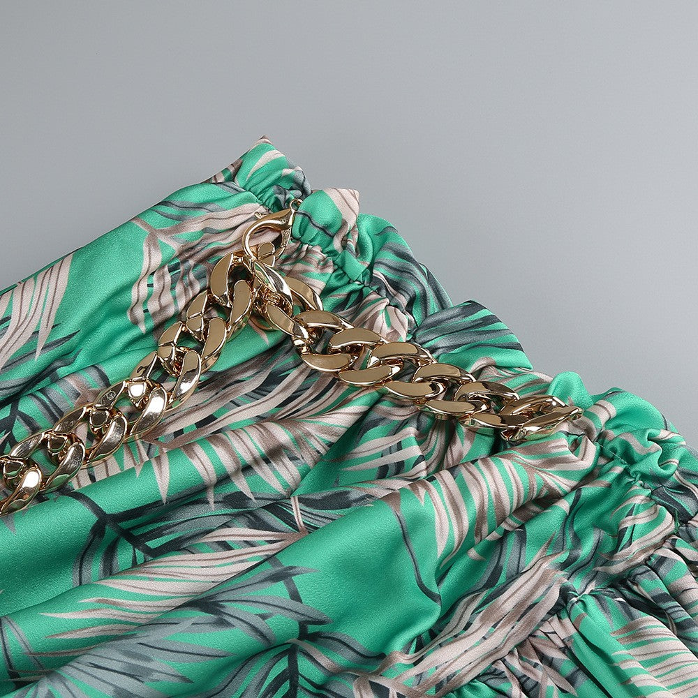 One Shoulder Sleeveless Tropical Leaf Print Ruched Maxi Dress D2609