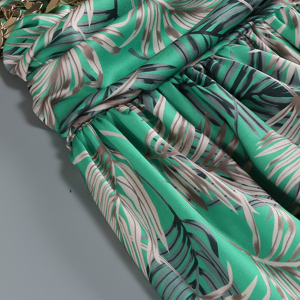 One Shoulder Sleeveless Tropical Leaf Print Ruched Maxi Dress D2609