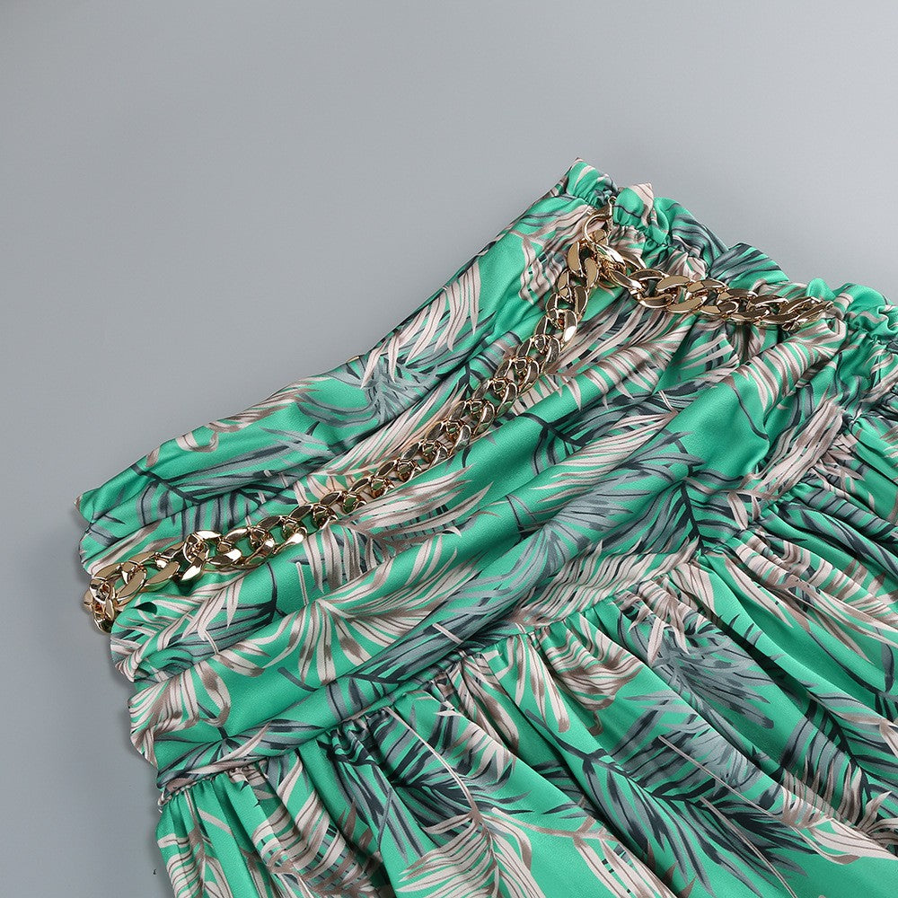 One Shoulder Sleeveless Tropical Leaf Print Ruched Maxi Dress D2609