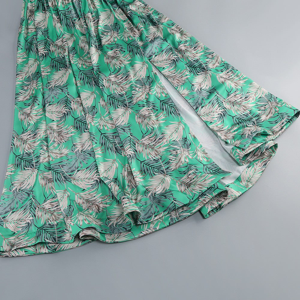 One Shoulder Sleeveless Tropical Leaf Print Ruched Maxi Dress D2609