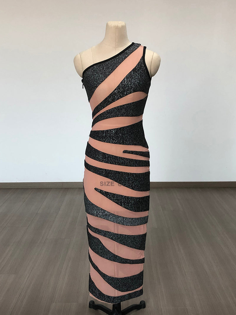 One Shoulder Striped Bandage Dress H6278