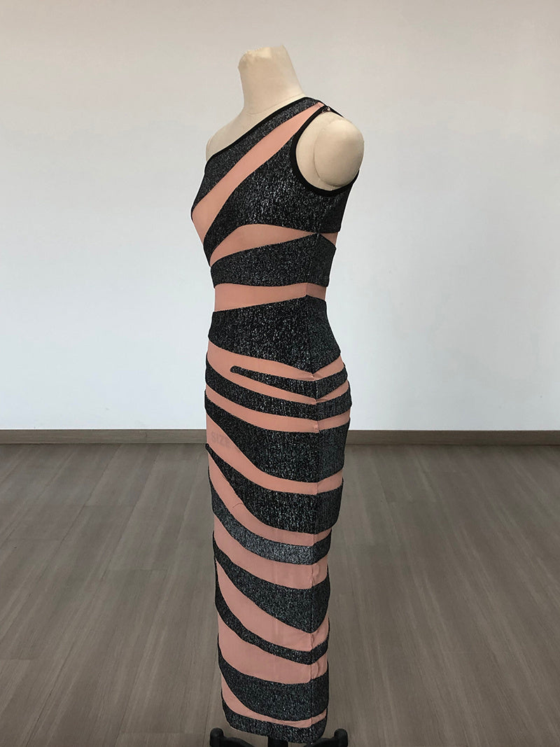 One Shoulder Striped Bandage Dress H6278
