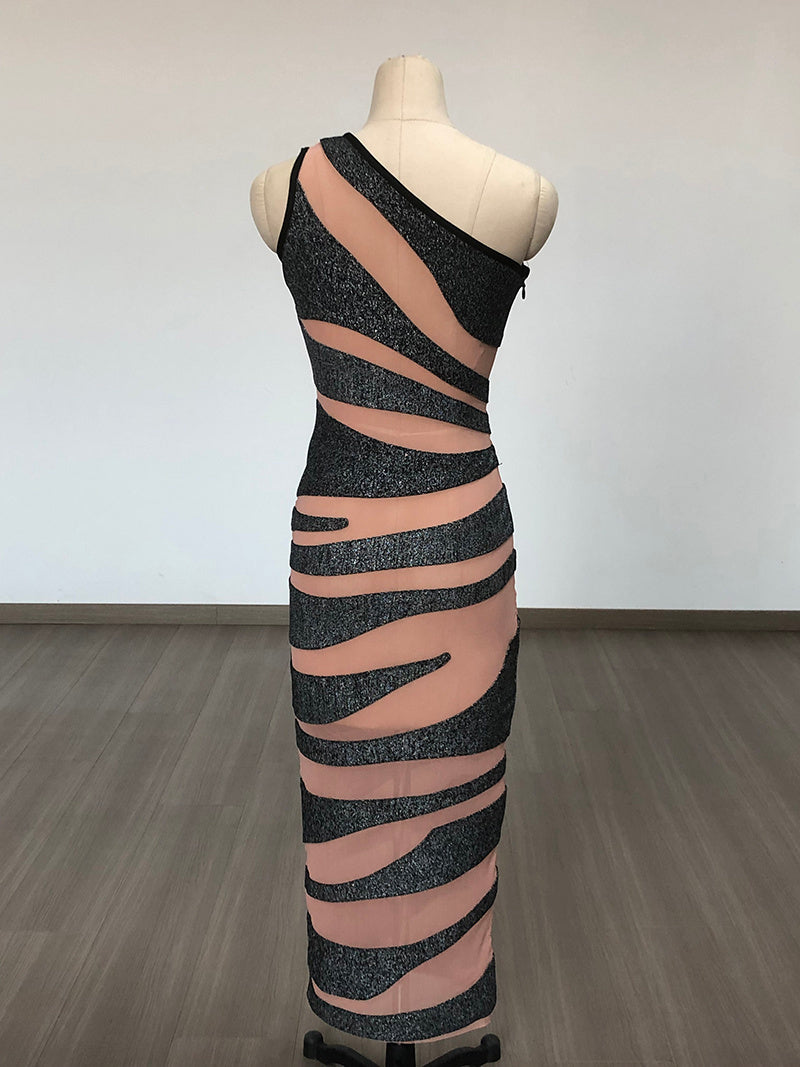 One Shoulder Striped Bandage Dress H6278