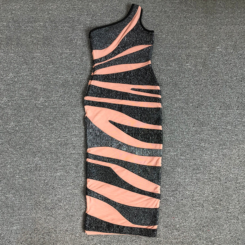 One Shoulder Striped Bandage Dress H6278