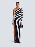 One Shoulder Striped Maxi Dress H6498
