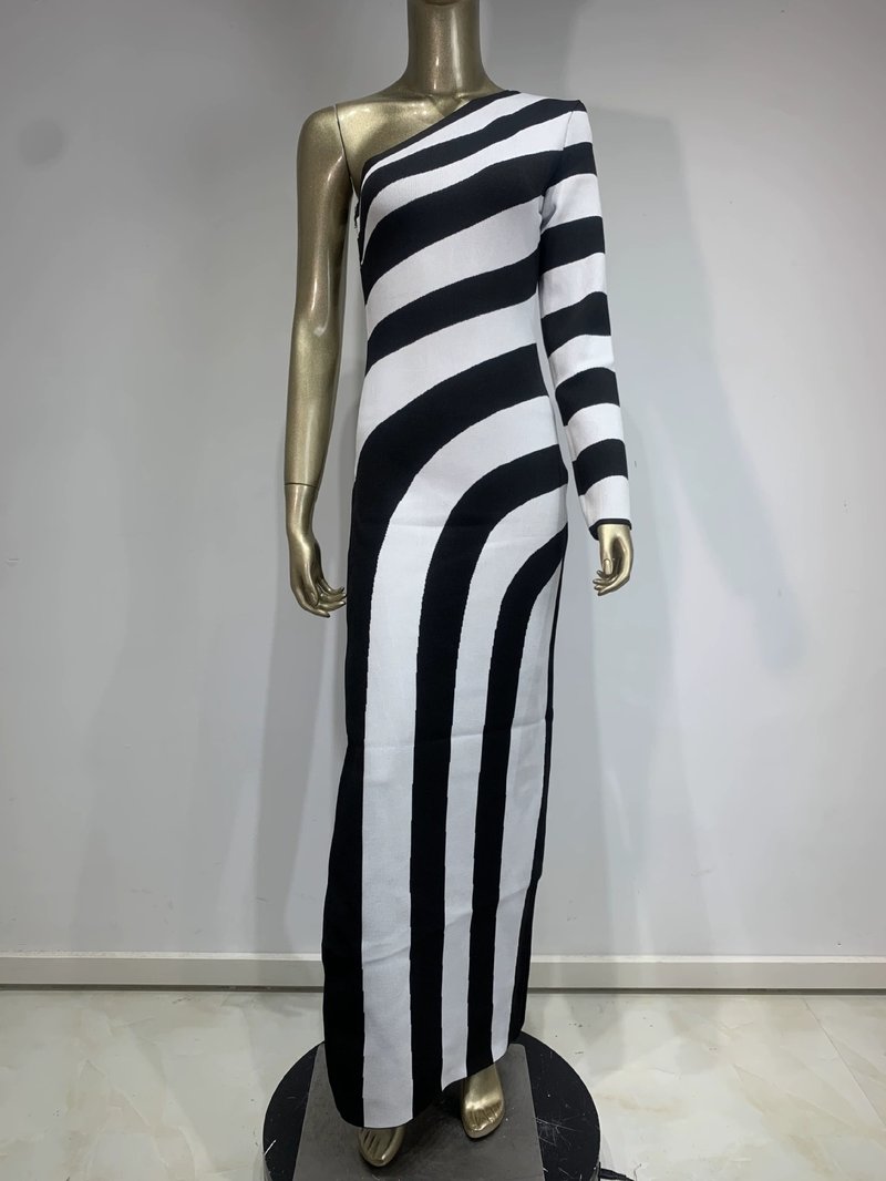 One Shoulder Striped Maxi Dress H6498